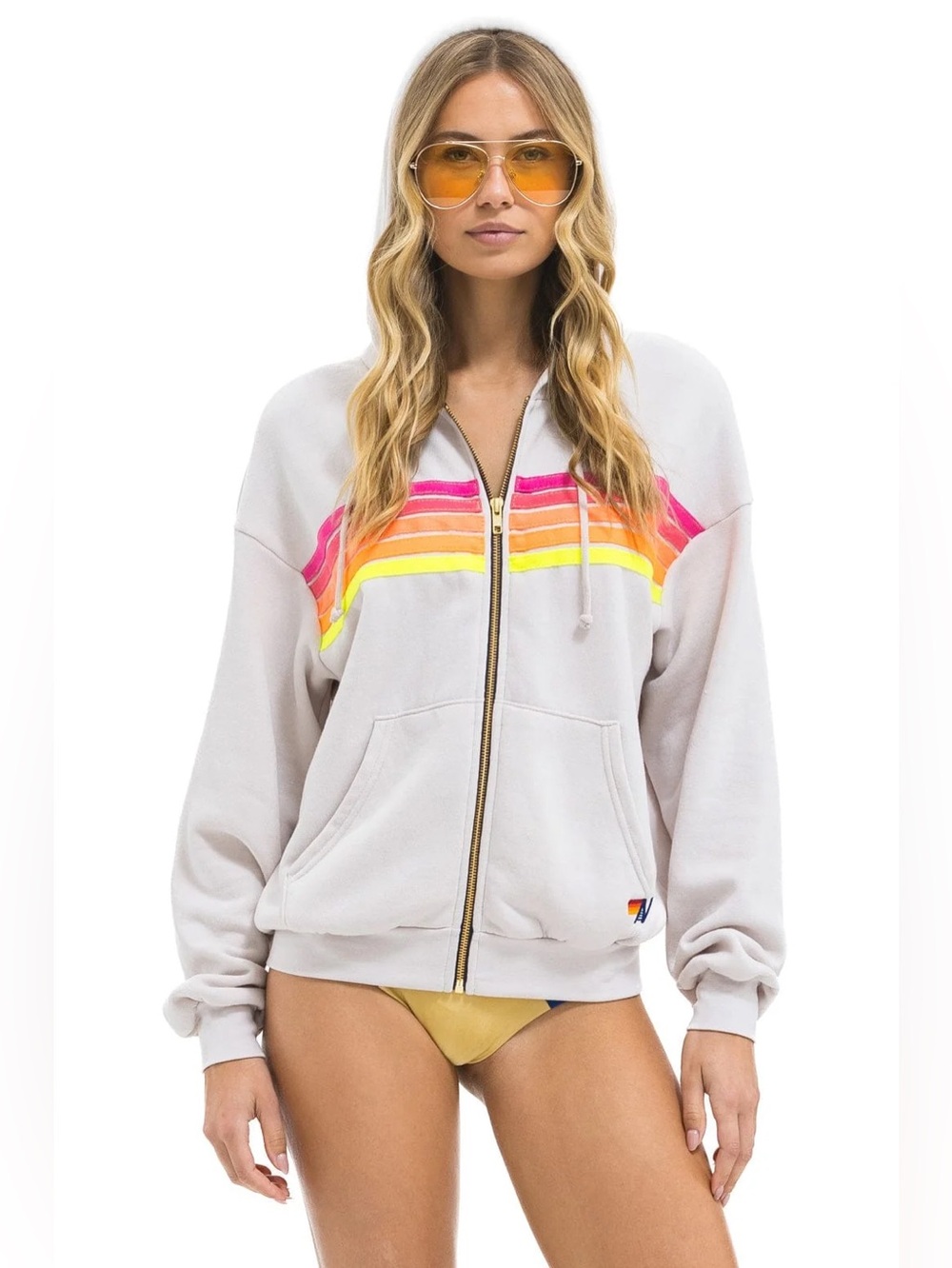 Aviator Nation Full Zip 5 Stripe Hoodie Dove Gray Size XL Relaxed Fit Taupe